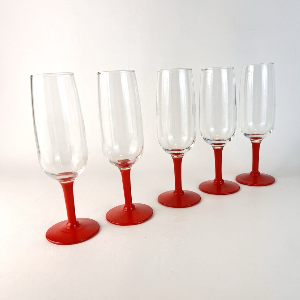 Set of 5 Red Stem Champagne‎ Flutes Toasting Glasses Barware Party Drinkware